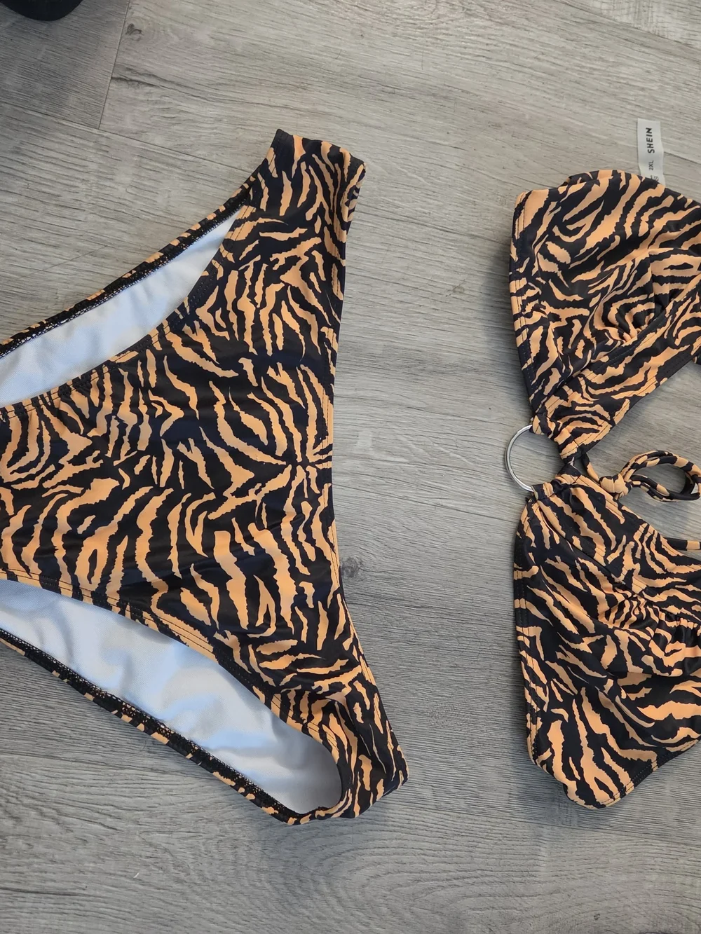 SHEIN Brown Tiger-Print Ring Bikini Top